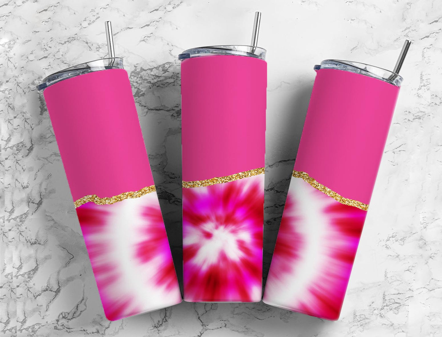 Split Gold Design- Pink Tye Dye Stainless Steel Tumbler