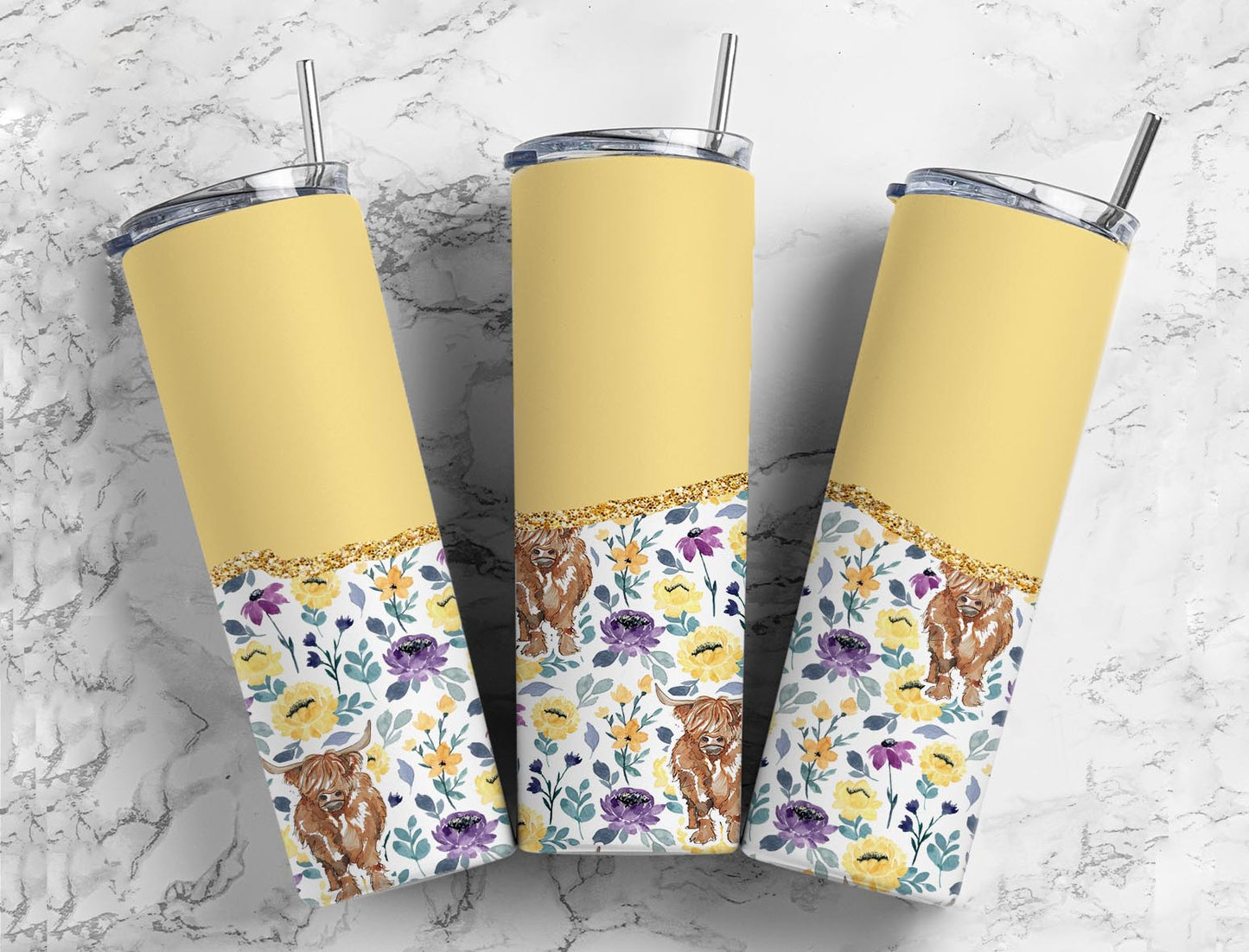 Split Yellow Highland Cow Stainless Steel Tumbler