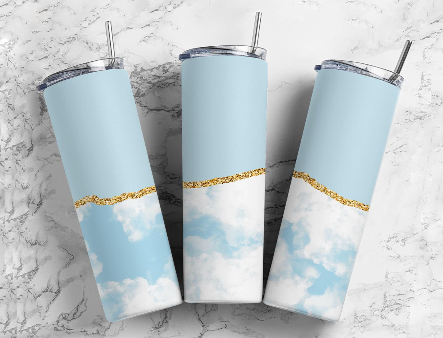 Split Gold Design-Light Blue Clouds Stainless Steel Tumbler