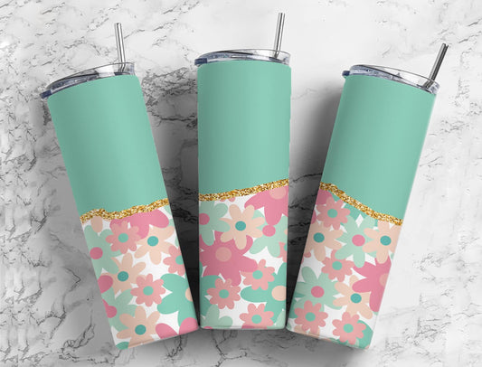 Split Gold Design- Mint Green Flowers Stainless Steel Tumbler