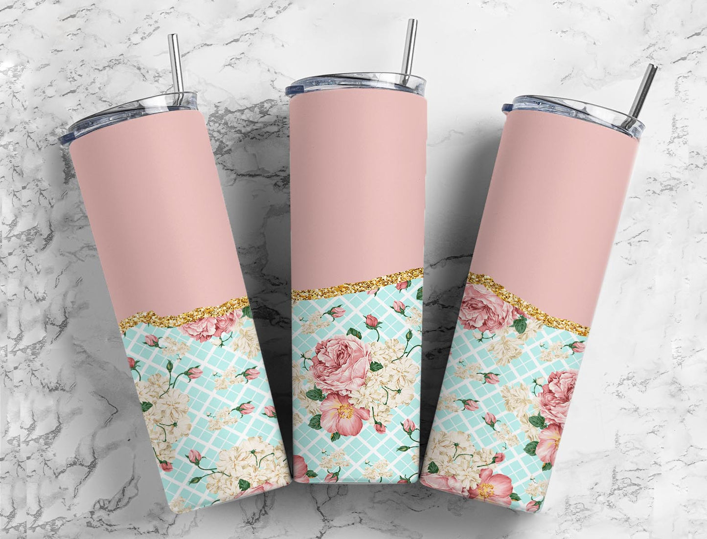 Split Gold Design- Pink Rose Lattice Stainless Steel Tumbler