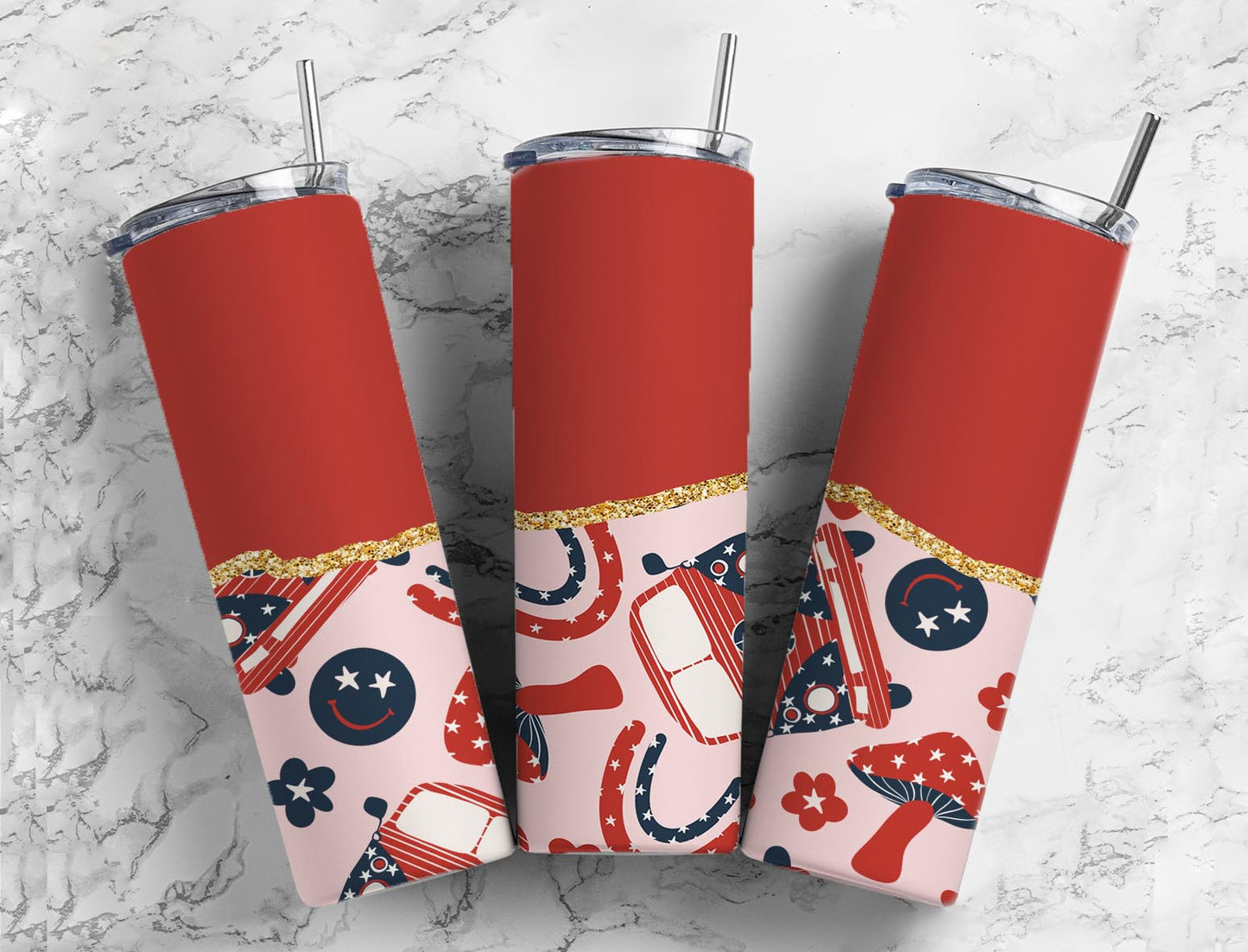 Split Gold Design- Red Groovy Mushroom Volks wagon Stainless Steel Tumbler