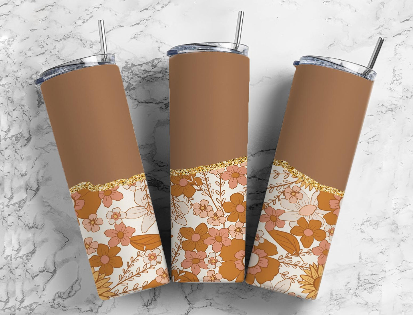 Split Gold Design-Brown Retro Flowers Stainless Steel Tumbler