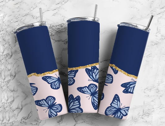 Split Gold Design-Dark Blue Butterfly Stainless Steel Tumbler