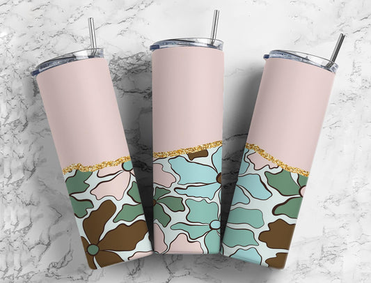 Split Gold Design- Brown & Blue Flowers Stainless Steel Tumbler