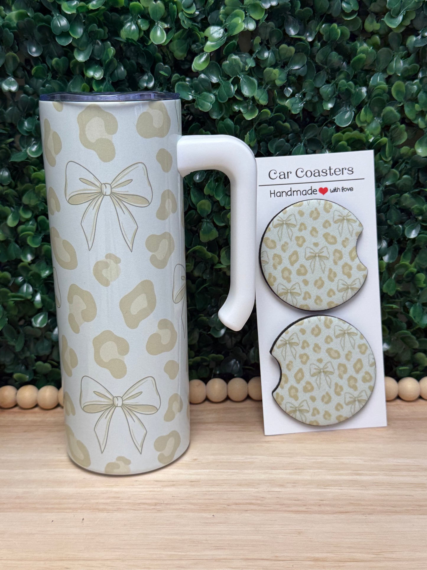 Coquette Cheetah print bows tumbler with a handle & FREE matching set of car coasters!