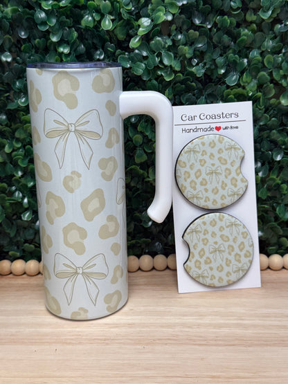 Coquette Cheetah print bows tumbler with a handle & FREE matching set of car coasters!