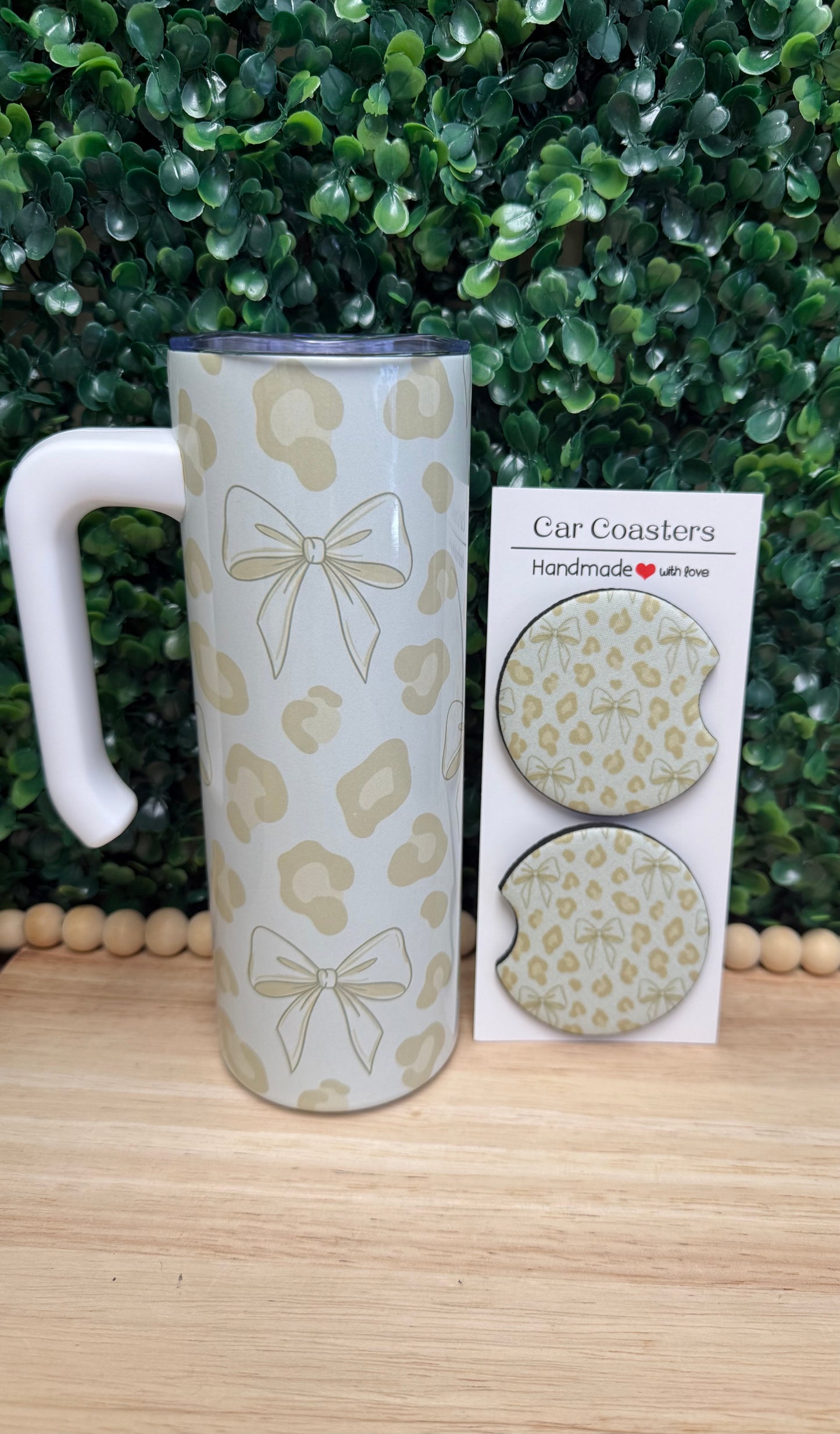Coquette Cheetah print bows tumbler with a handle & FREE matching set of car coasters!