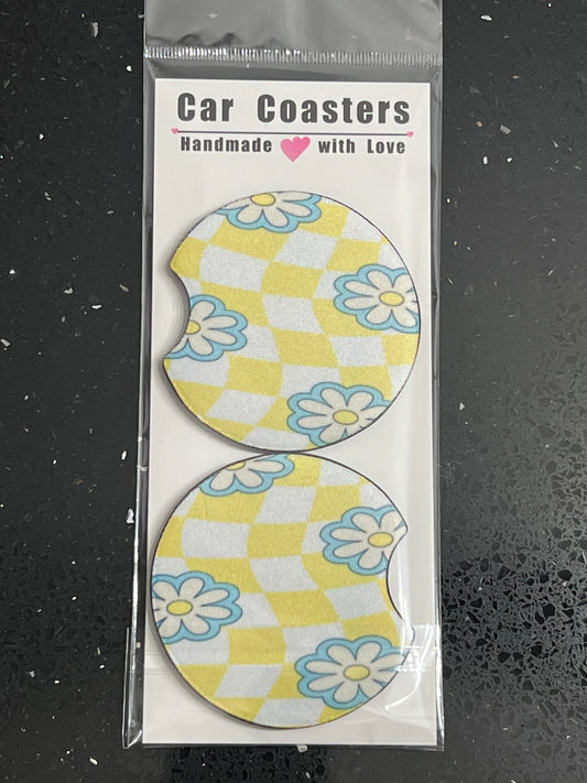 Yellow Checkered Daisy Car Cup Coasters