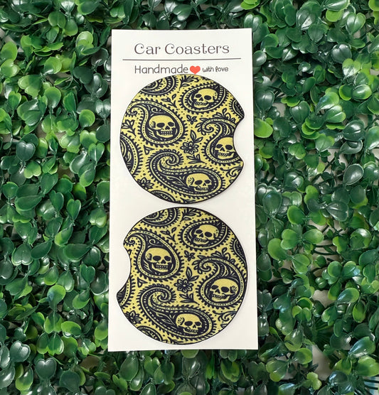 Paisley skulls car cup coasters
