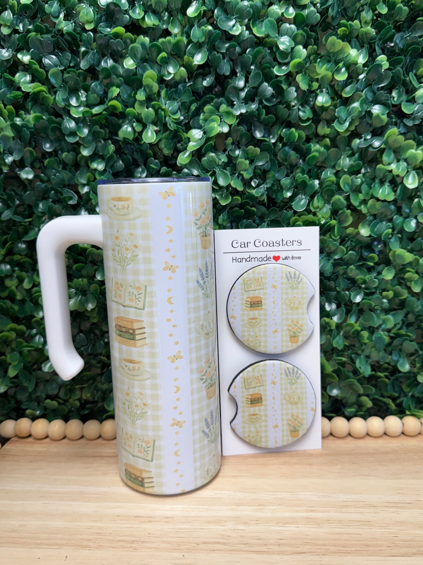 Bookish Cottage Core Tumbler with a handle & FREE matching set of car coasters!
