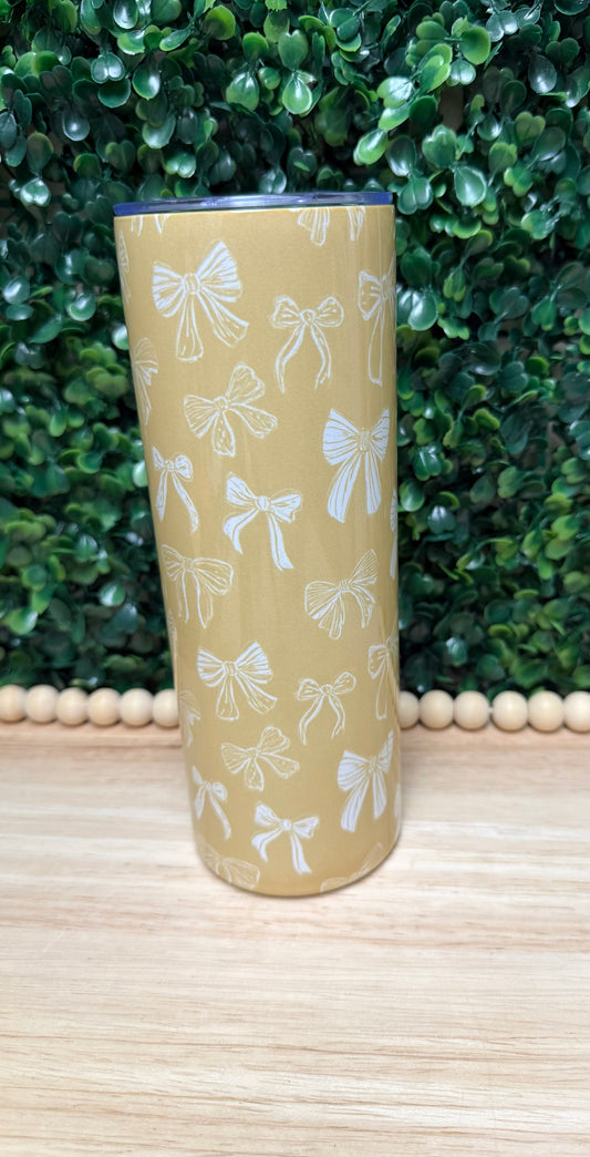 Beige & white bows stainless steel tumbler