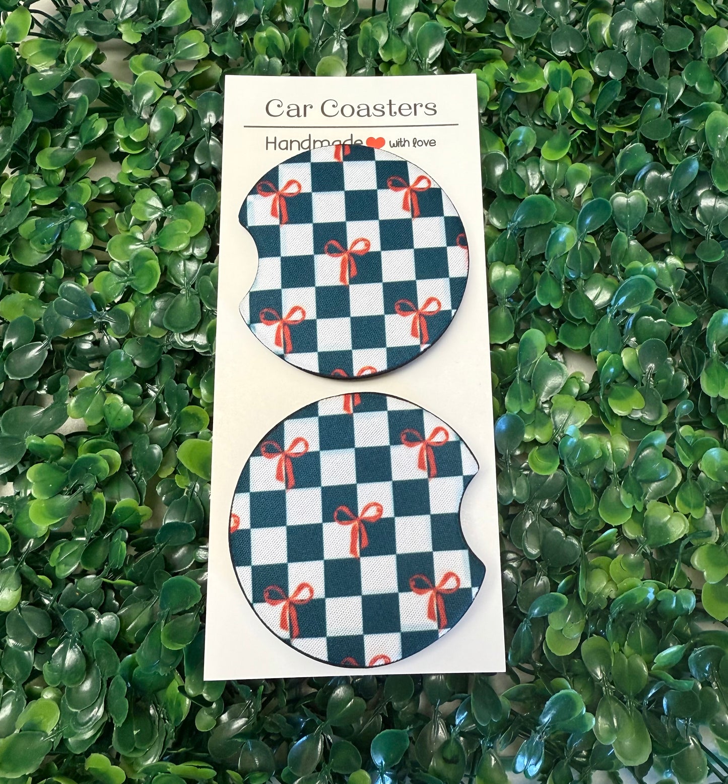 Checkered Christmas bows Car Cup Coasters