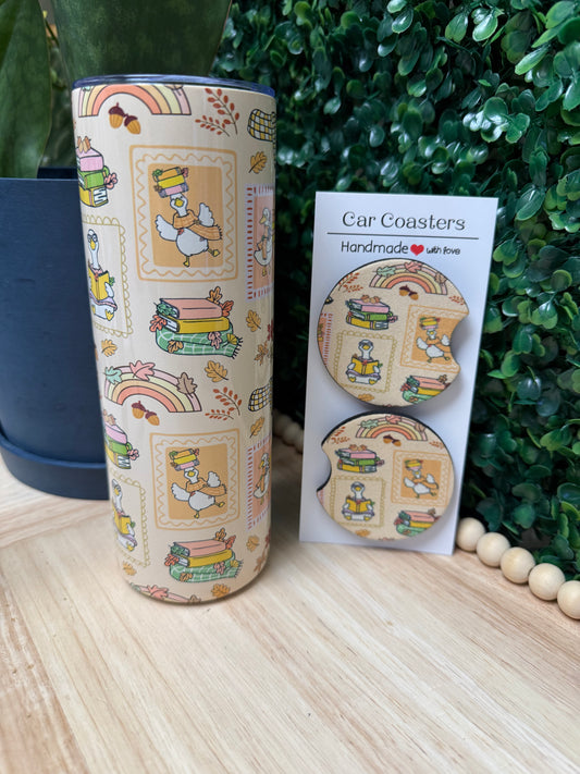 Fall Bookish Goose 20 oz Tumbler W/ FREE matching set of Car Coasters!