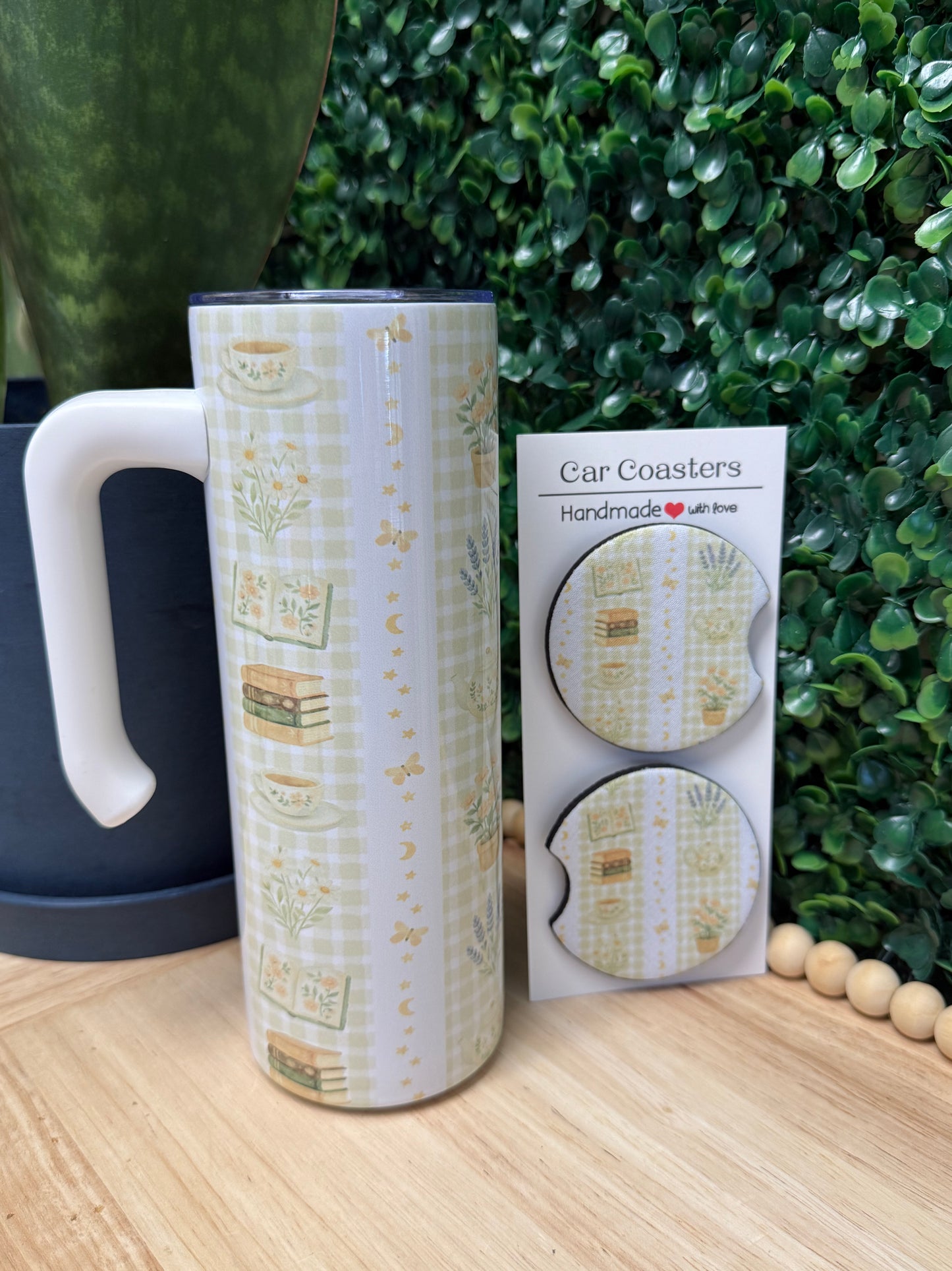 Bookish Cottage Core Tumbler with a handle & FREE matching set of car coasters!