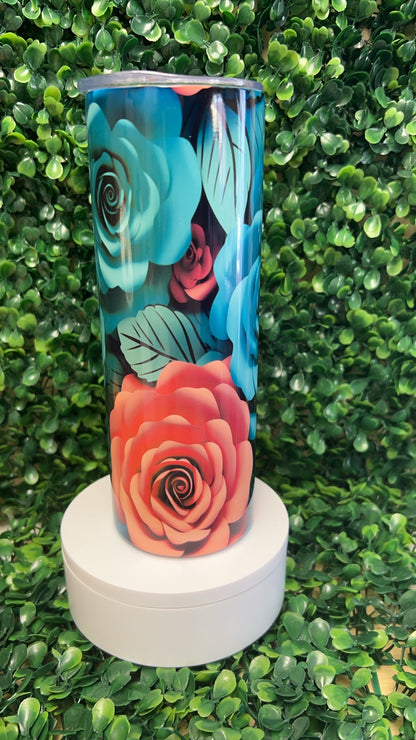 3D Teal & Pink Roses Stainless Steel Tumbler