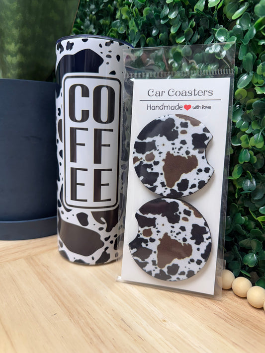 Cow print "coffee" Stainless Steel Tumbler & FREE matching set of car coasters