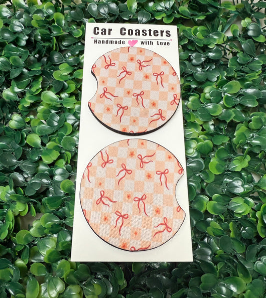 Checkered Pink Bows Car Cup Coasters