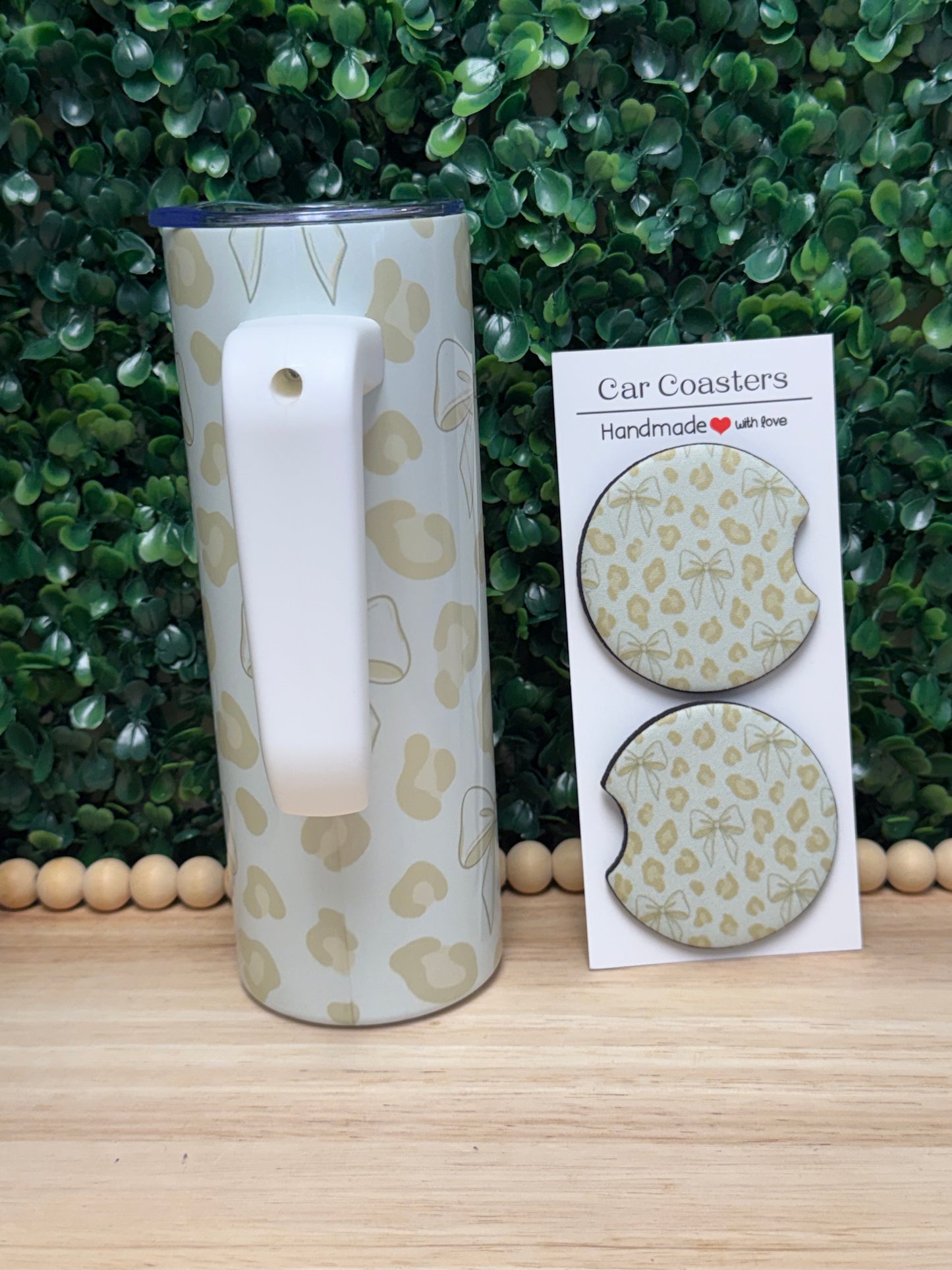 Coquette Cheetah print bows tumbler with a handle & FREE matching set of car coasters!
