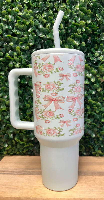 Vintage Bows & Pink Roses 40 Oz  Mint Green Stainless Steel Tumbler