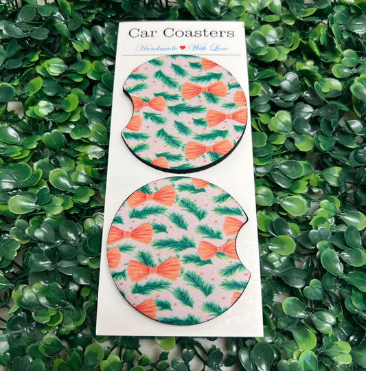 Pine Needles & Pink Bows Car Cup Coasters