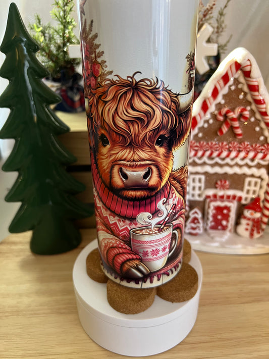 Highland Cow in Sweater Pink Christmas Stainless Steel Tumbler