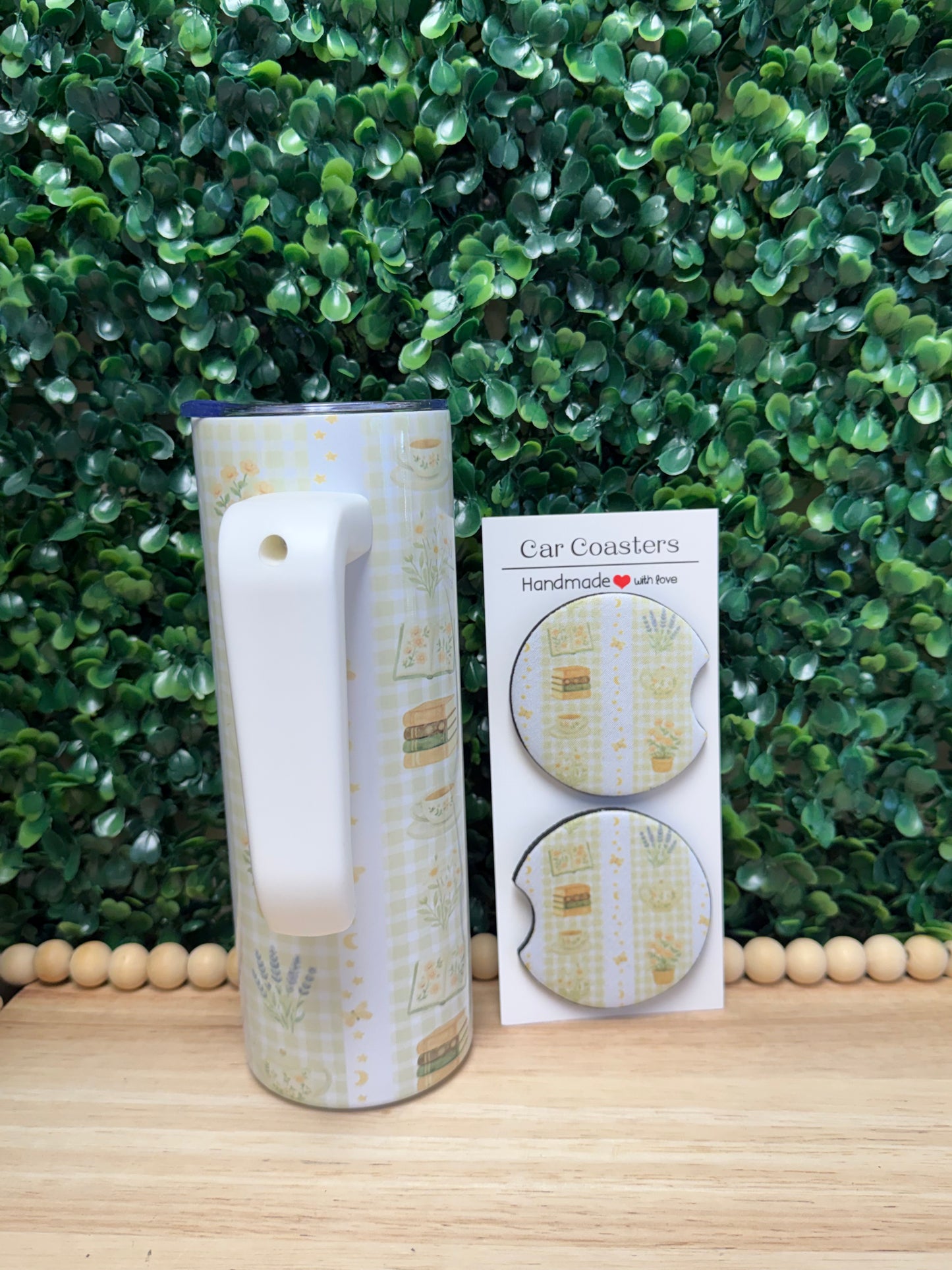 Bookish Cottage Core Tumbler with a handle & FREE matching set of car coasters!