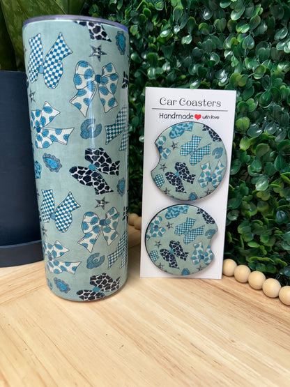 Turquoise Western Bows 20 oz Tumbler W/ FREE matching set of Car Coasters!