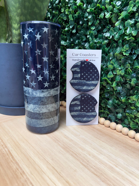 Black American Flag  20 oz Tumbler W/ FREE matching set of Car Coasters!