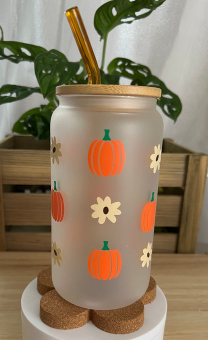 Pumpkin With Flowers Frosted Glass