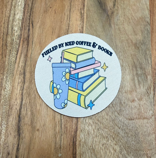 Fueled by iced coffee & books drink coaster