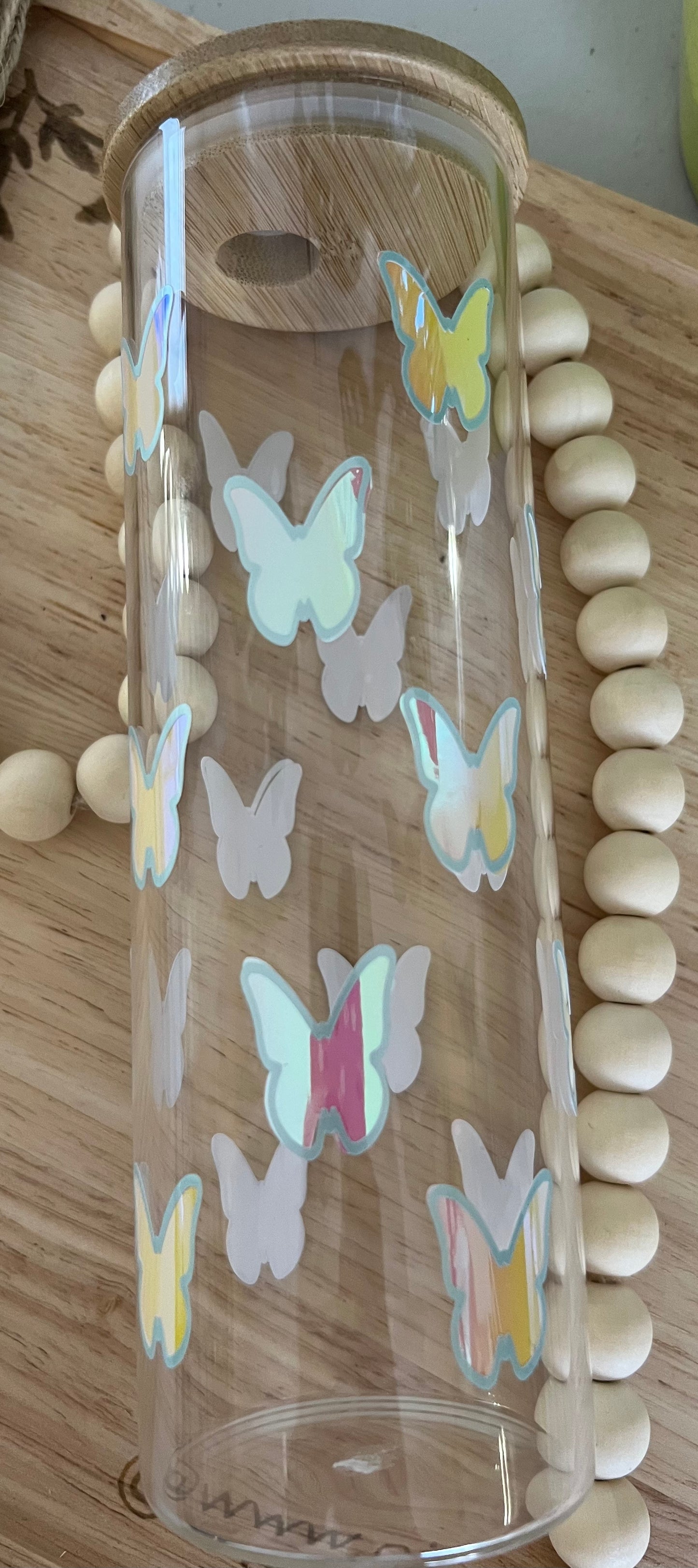 Holographic Pastel Butterfly Glass Tumbler