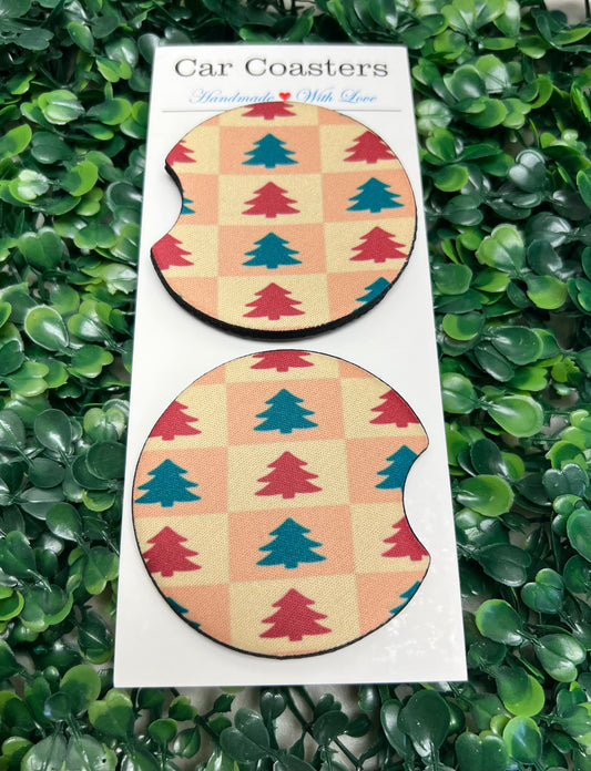 Checkered Christmas Trees Car Cup Coasters