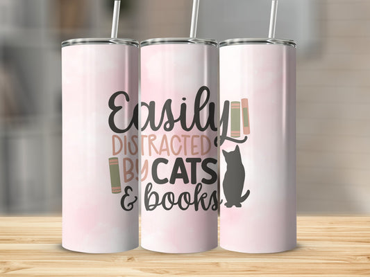 Easily distracted by Cats & Books Stainless Steel Tumbler