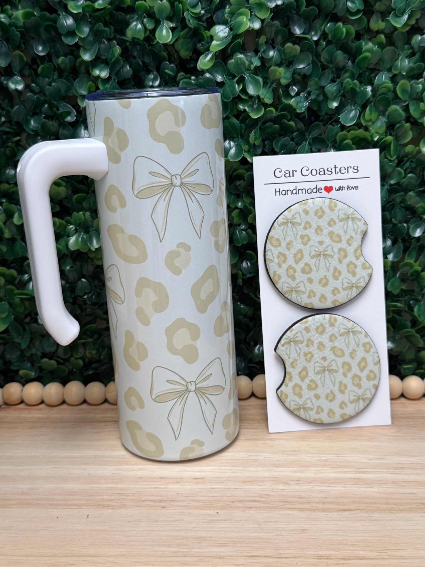 Coquette Cheetah print bows tumbler with a handle & FREE matching set of car coasters!