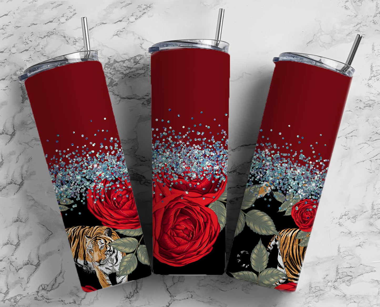 Glitter Red Roses W/Tiger Stainless Steel Tumbler