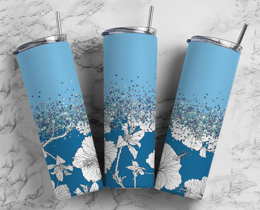 Glitter Blue W/White Hibiscus Flowers Stainless Steel Tumbler