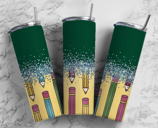 Glitter Green & Yellow Pencils Stainless Steel Tumbler