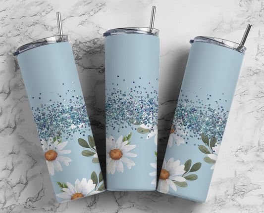 Glitter Baby Blue W/White Daisies Stainless Steel Tumbler