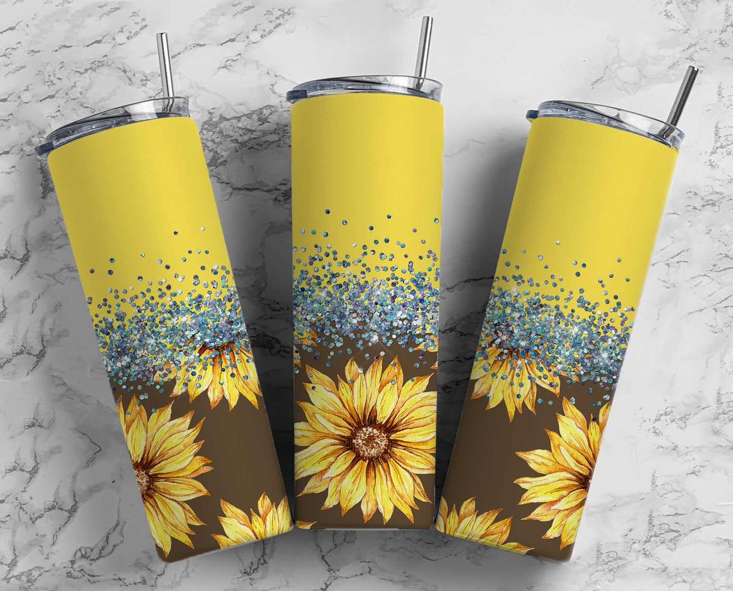 Glitter Split Yellow & Brown Daisy Stainless Steel Tumbler