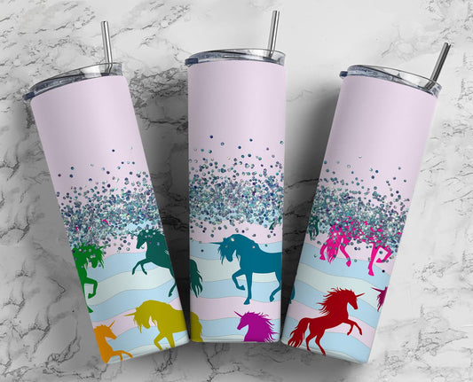 Glitter Striped Rainbow Unicorns Stainless Steel Tumbler