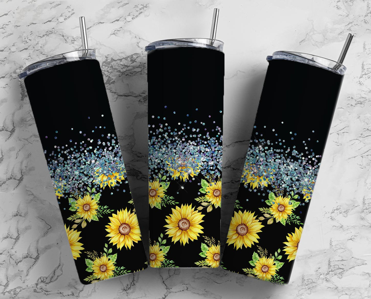 Glitter Black W/Yellow Daisies Stainless Steel Tumbler