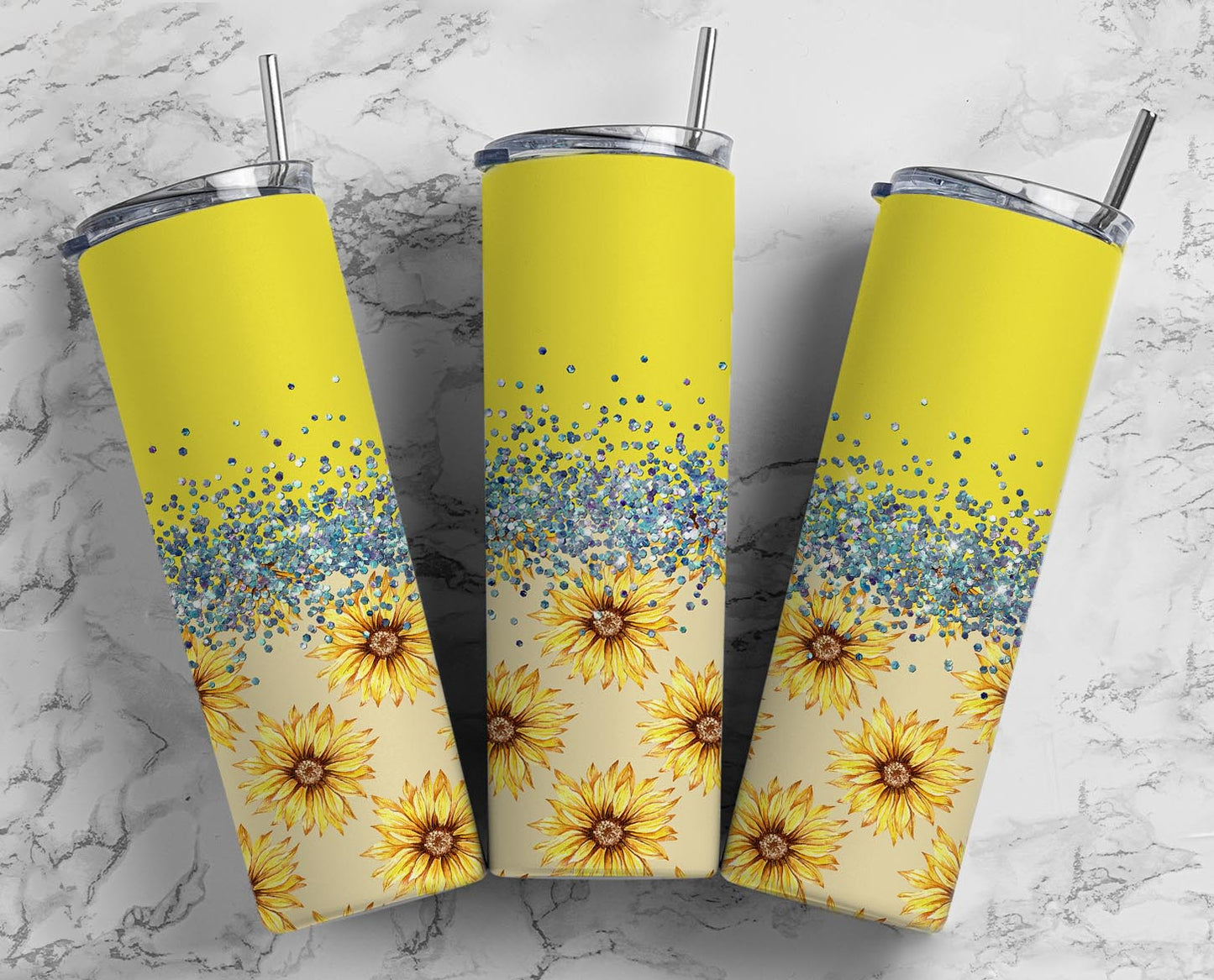 Glitter Yellow & Beige Sunflower Stainless Steel Tumbler