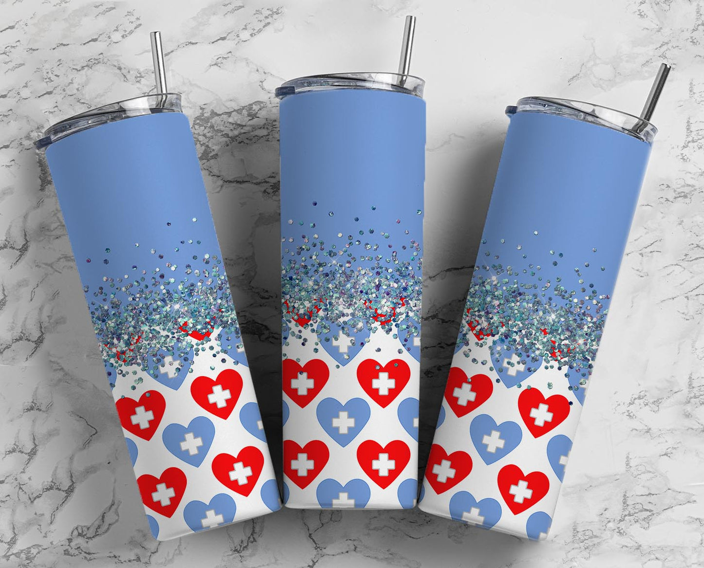 Glitter Split Blue Nurse Hearts Stainless Steel Tumbler