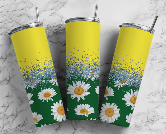 Glitter Split Yellow & Green White Daisy Stainless Steel Tumbler