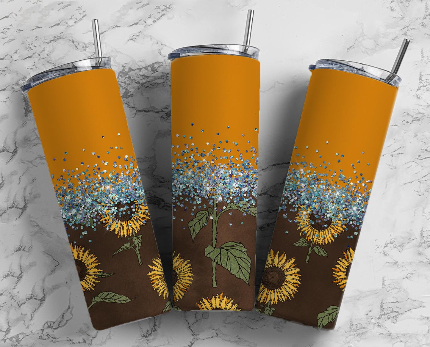 Glitter Burnt Orange Sunflowers Stainless Steel Tumbler