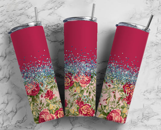 Glitter Split Dark Pink Floral Stainless Steel Tumbler