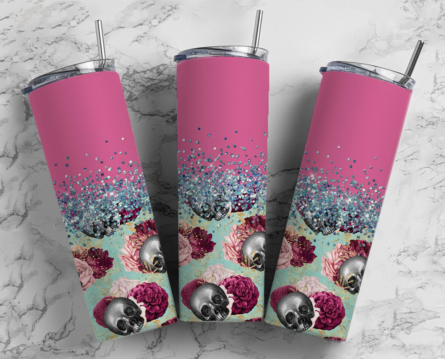 Glitter Split Pink Skeleton W/Flowers Stainless Steel Tumbler