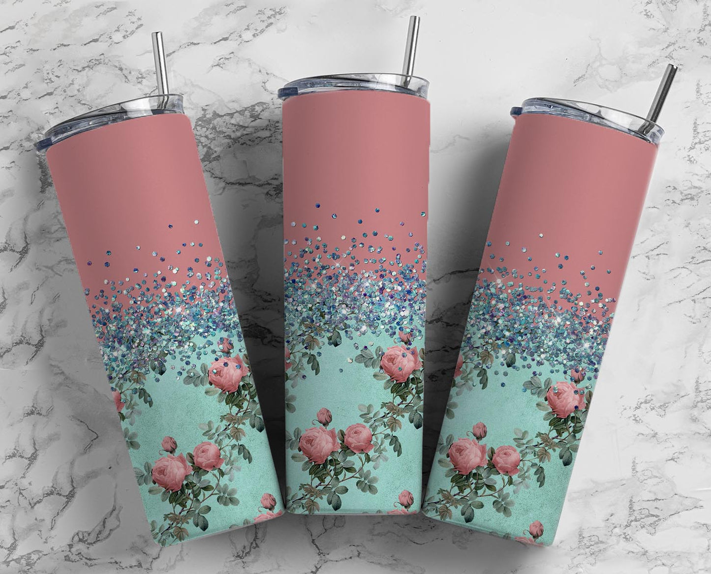 Glitter Split Pink & Light Blue Flowers Stainless Steel Tumbler