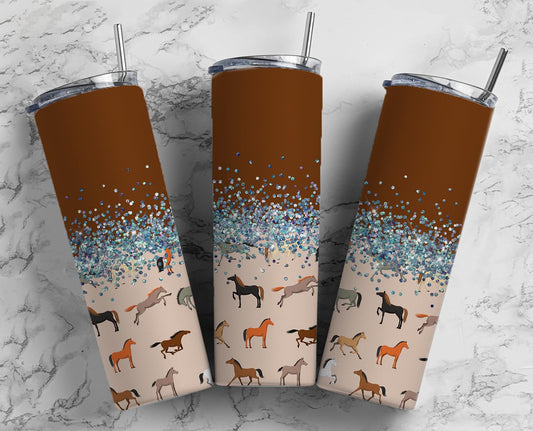 Glitter Split Brown & Beige Horses Stainless Steel Tumbler